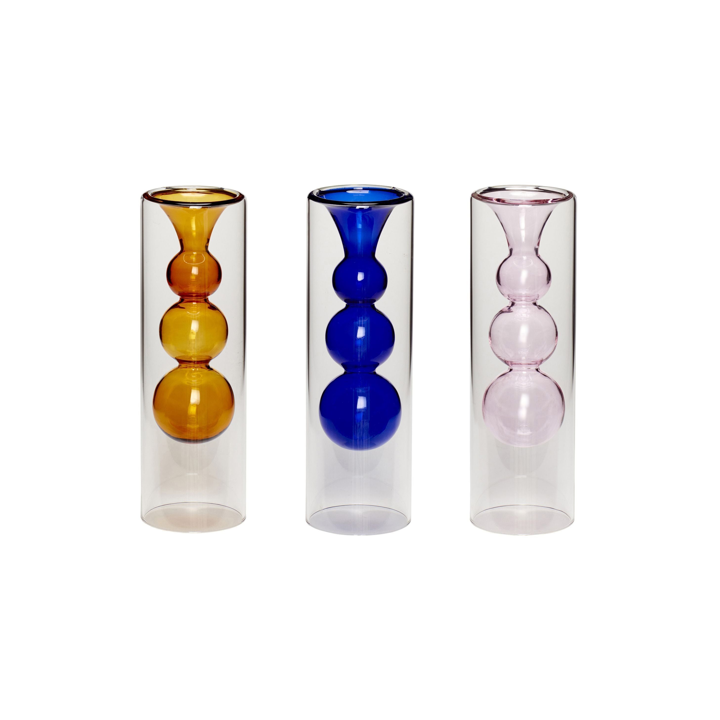 Hübsch Play Vase Glas Ravgul/Blå/Lyserød Sæt med 3, 7x23 Cm