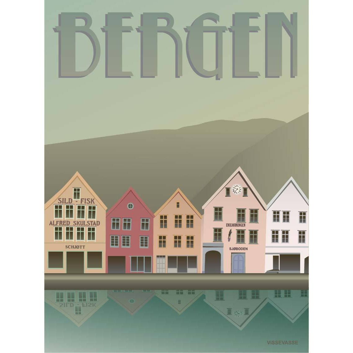 Vissevasse Bergen Bryggen -plakat, 15x21 cm