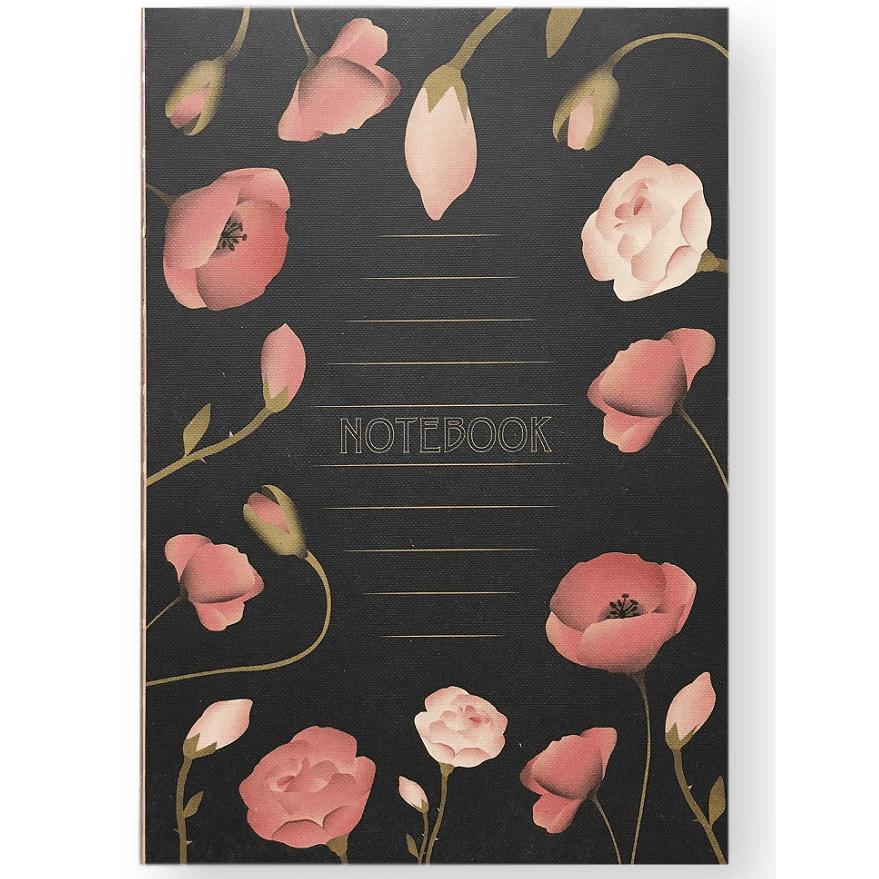 Vissevasse Notatbok med blomster, svart, middels