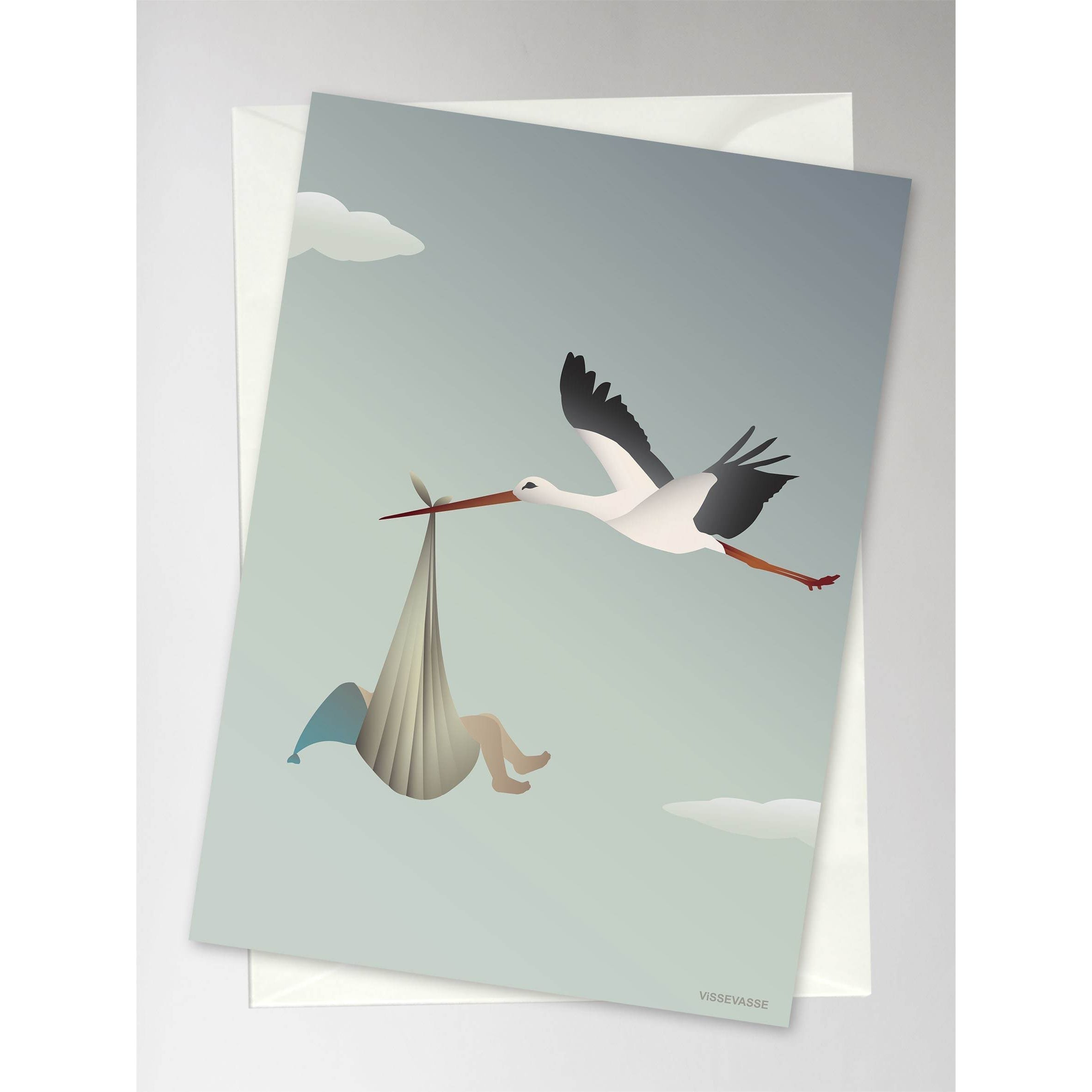 Vissevasse Stork Returkort, blå, 10,5x15 cm