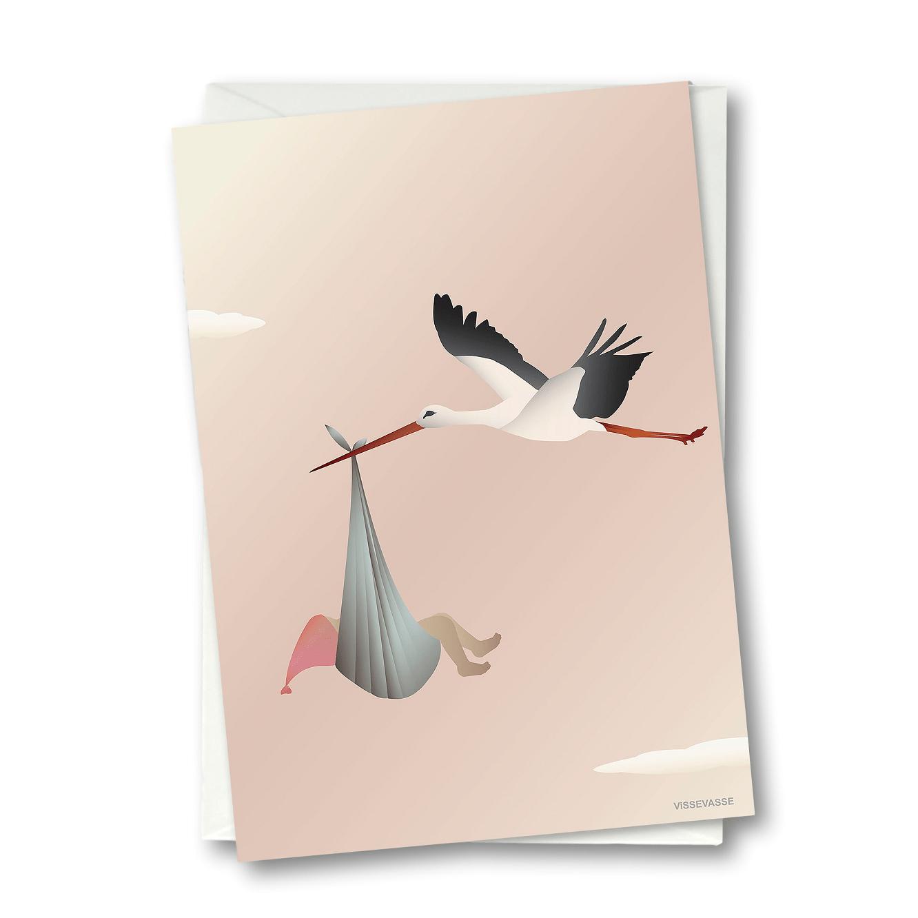 Vissevasse Stork av anledningskortet, rosa, 10,5x15 cm