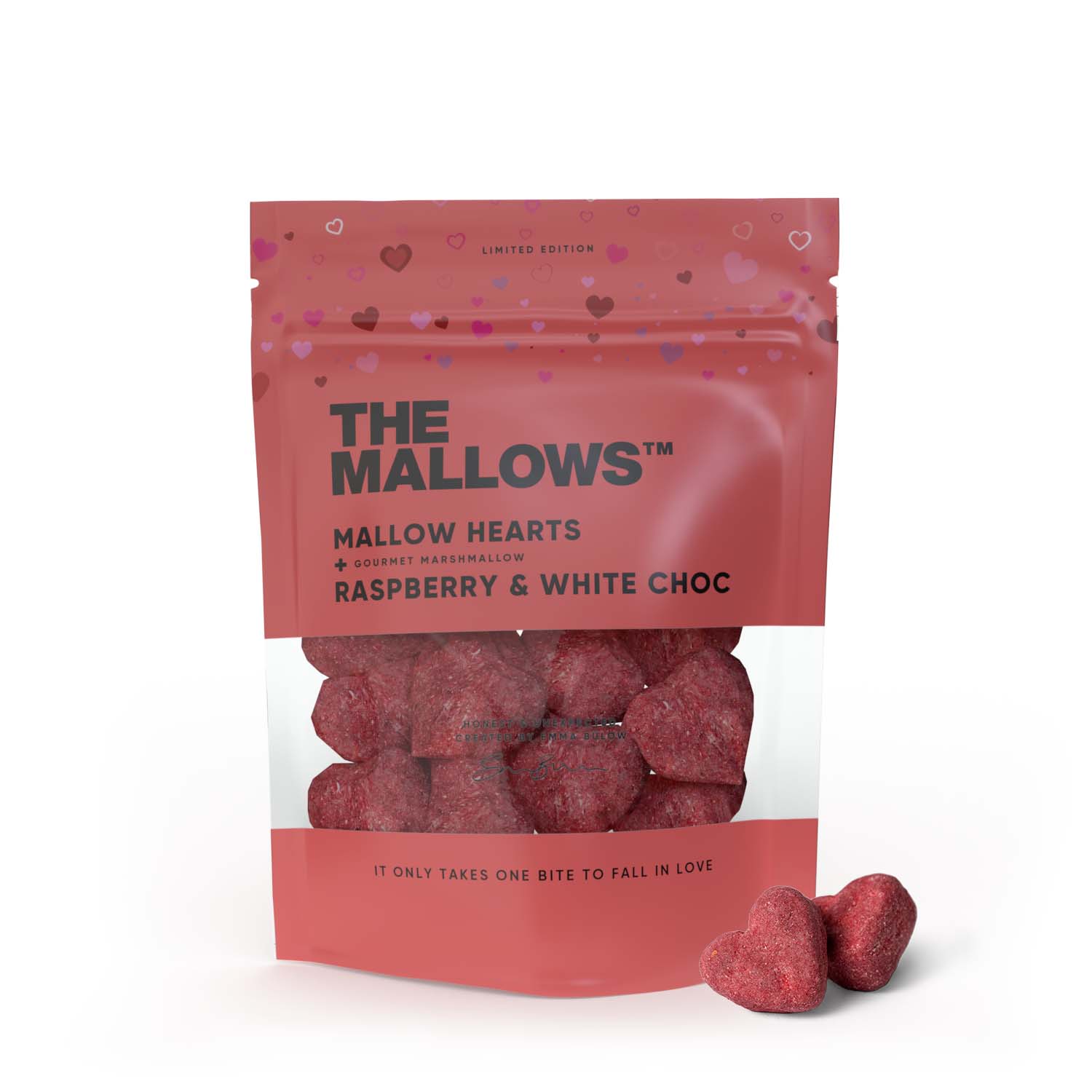 The Mallows Skumfiduser med Hvid Chokolade & Hindbær - Mallow Hearts, 90g