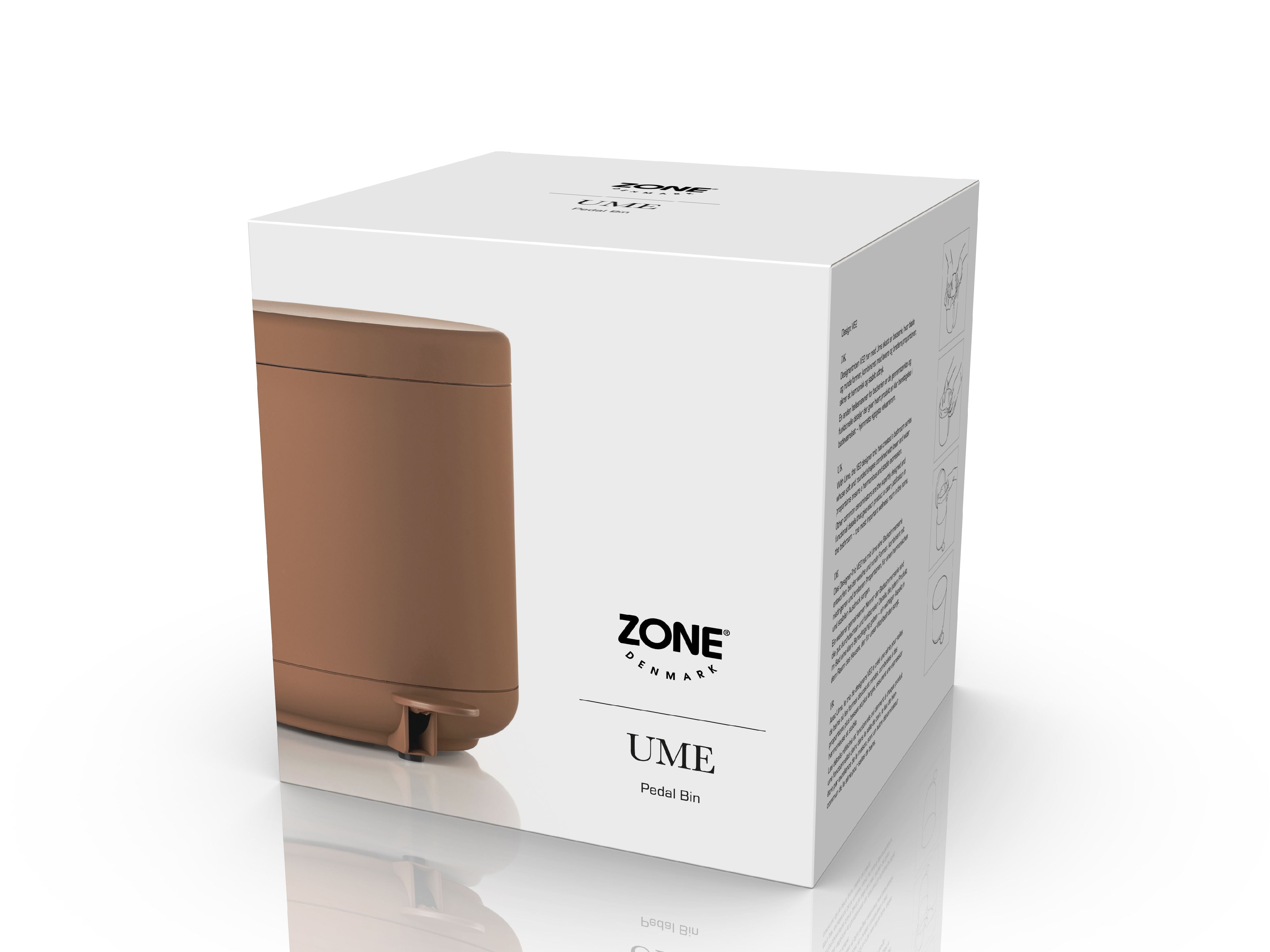 A Zone Denmark Ume Pedal Bin 4 Liter, Terracotta with the Ume bath collection on top.