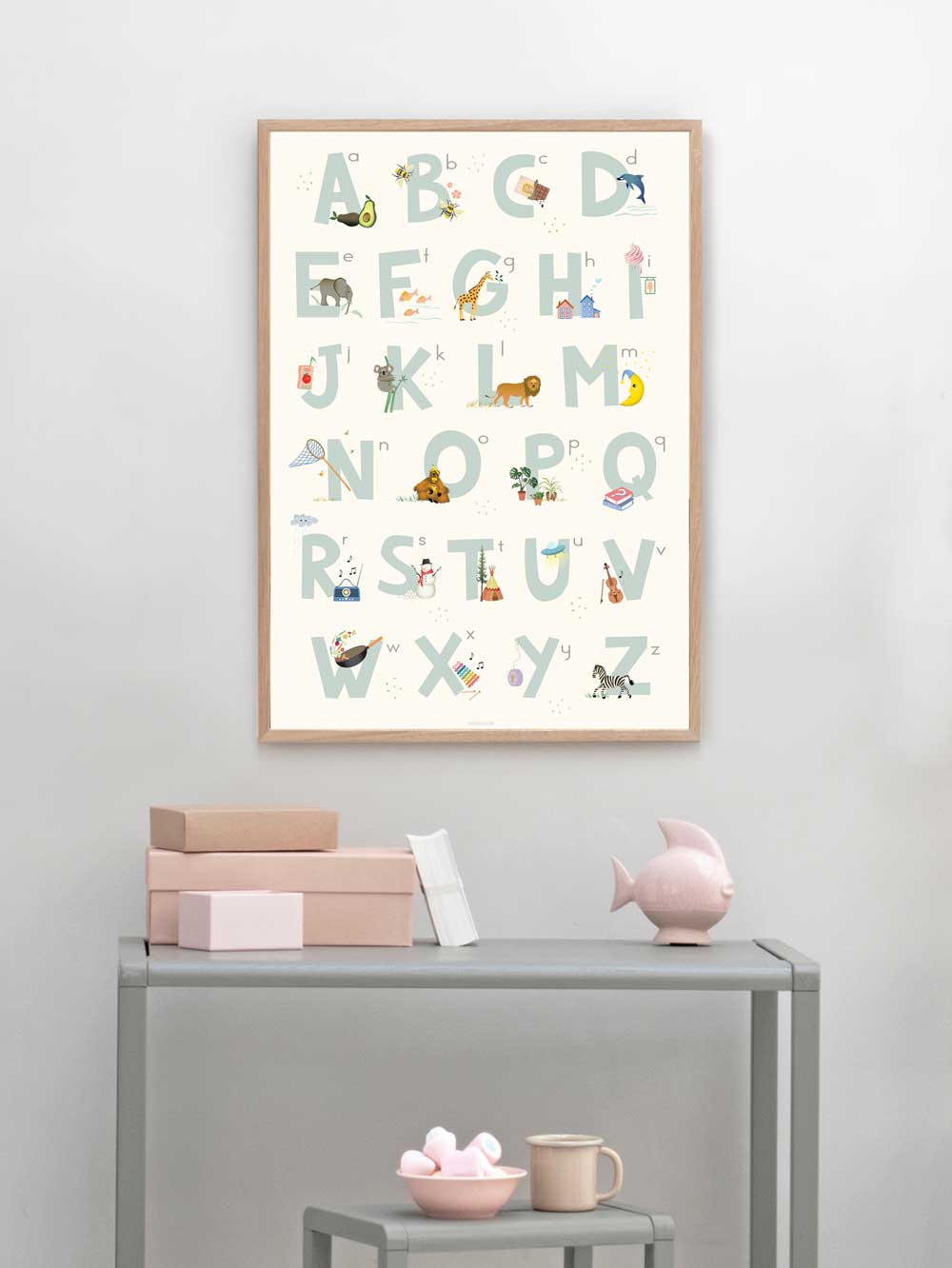 Vissevasse alfabetblå engelsk plakat, 50x70 cm