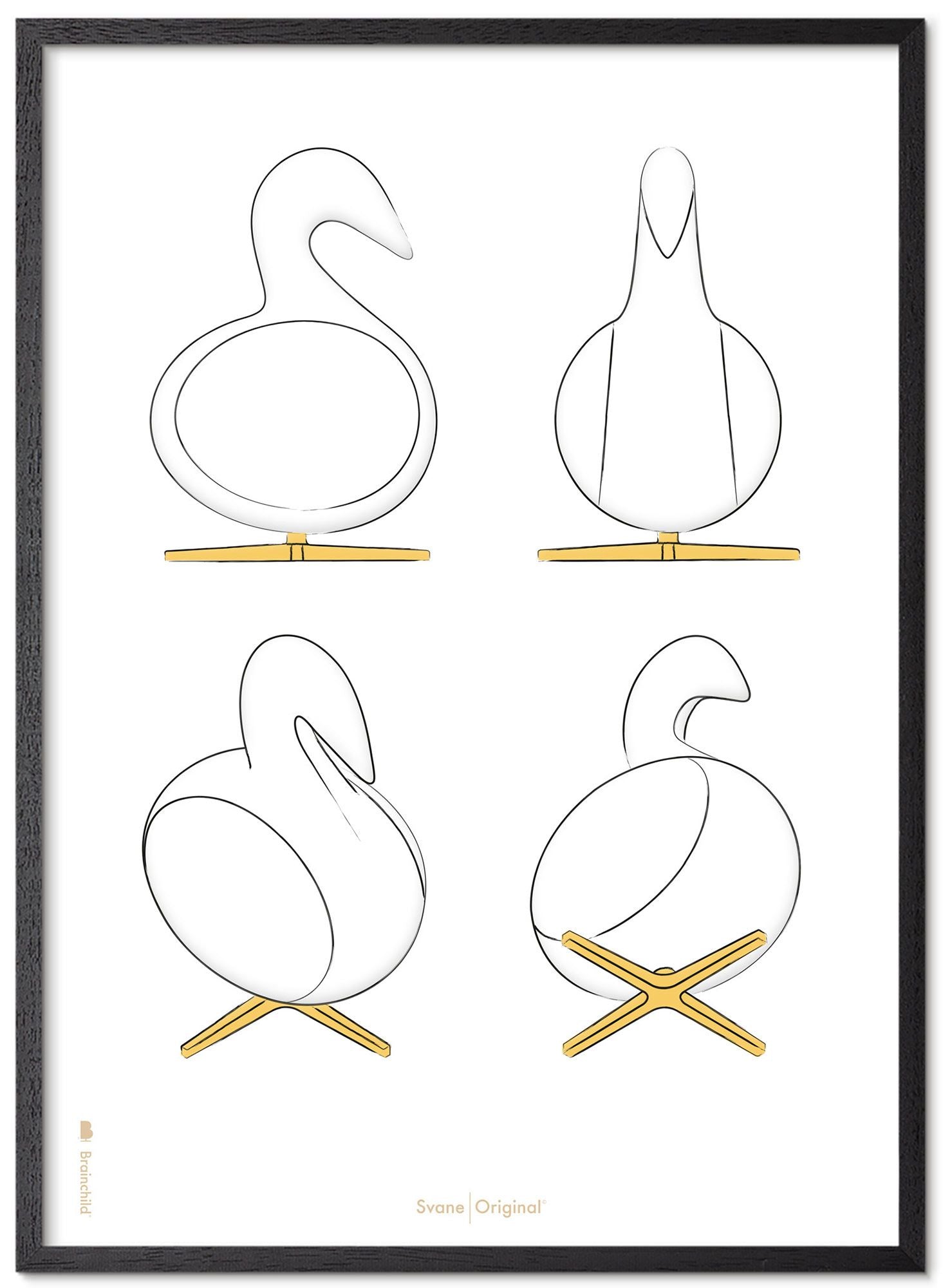 Brainchild Swan Design Sketches Poster Frame Made Of Black Lacquered Wood 30x40 Cm, White Background