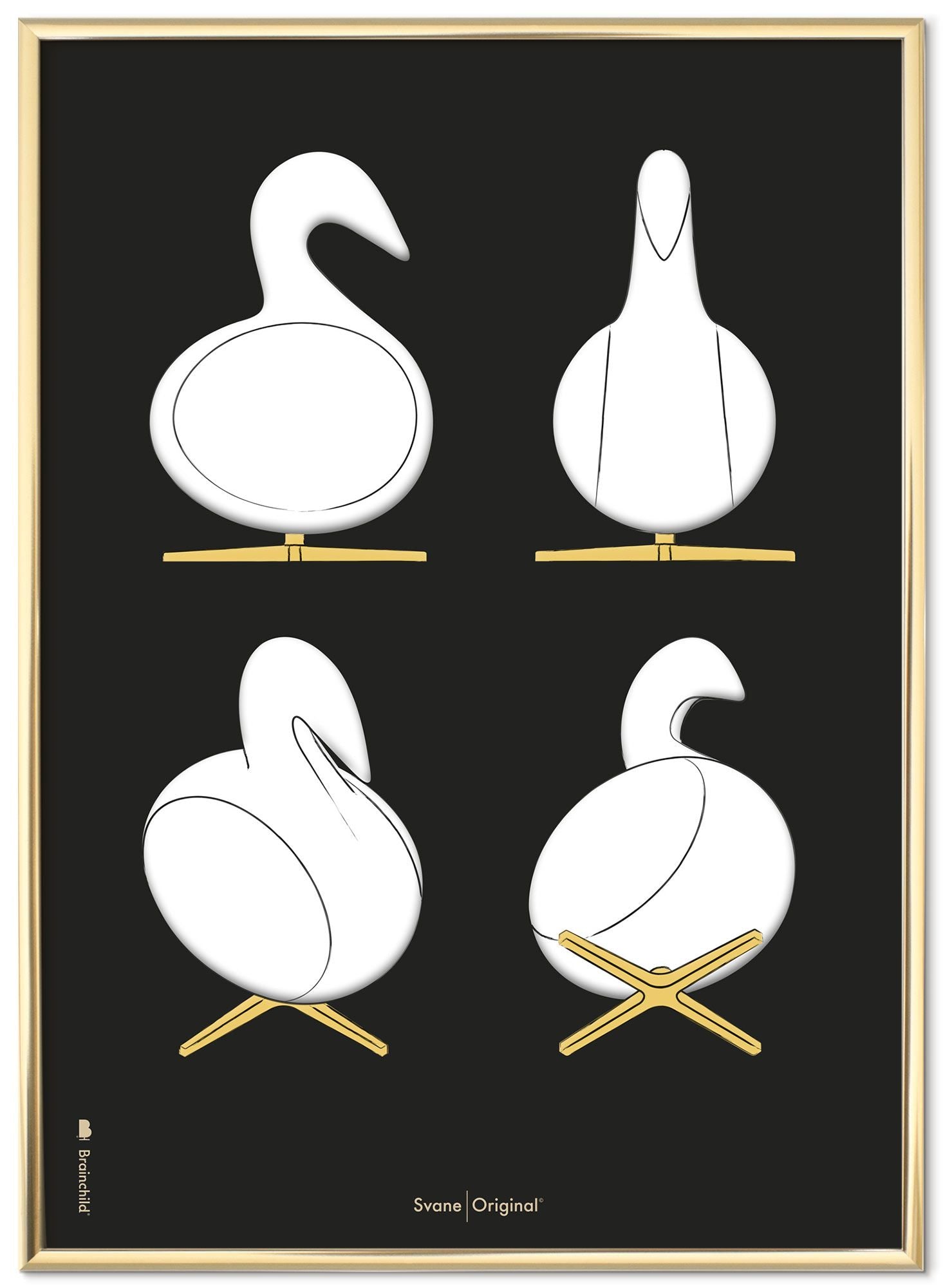 Brainchild Swan Design Sketches Poster Frame Made Of Brass Colored Metal 70x100 Cm, Black Background