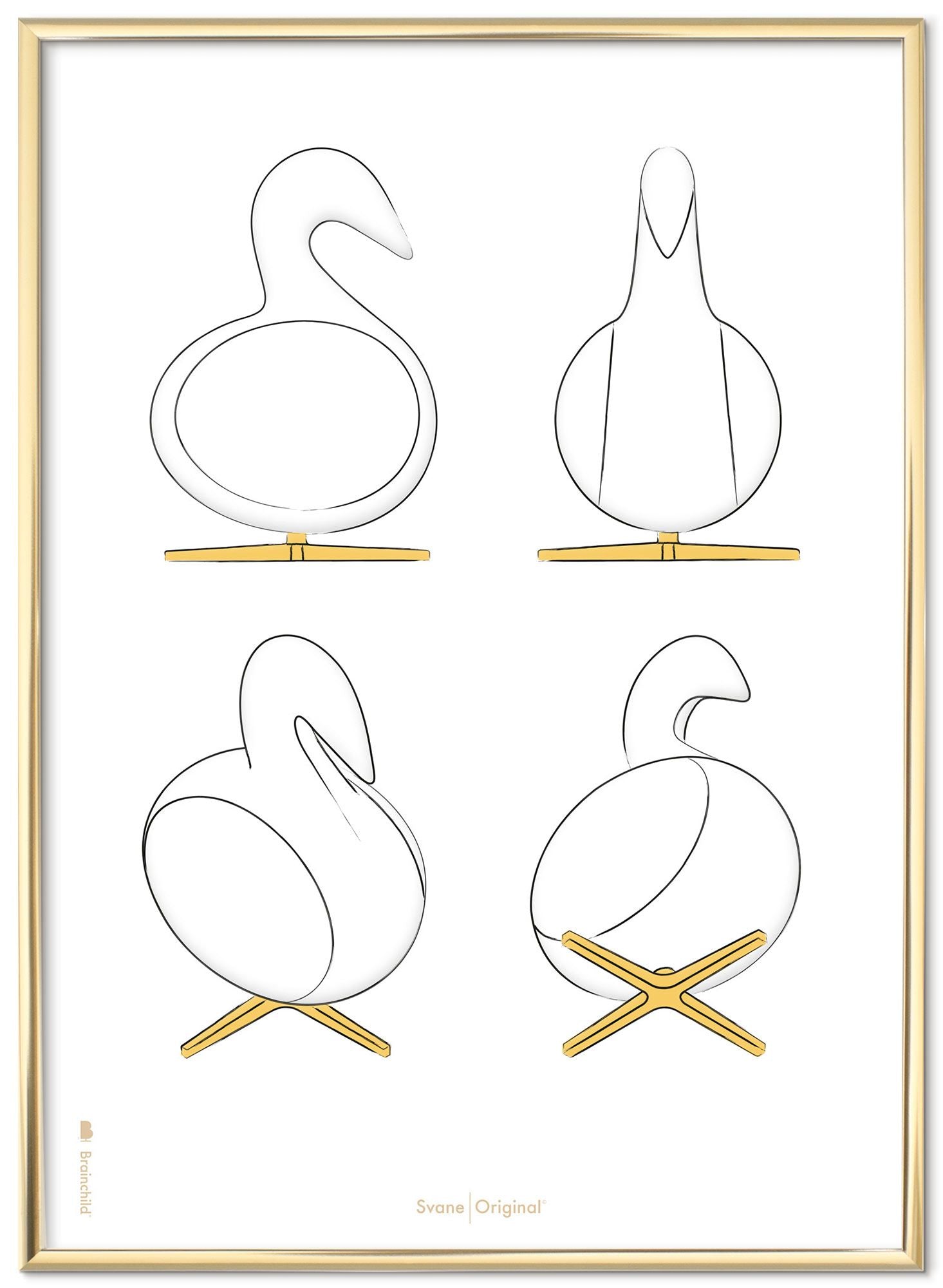 Brainchild Swan Design Sketches Poster Frame Made Of Brass Colored Metal 70x100 Cm, White Background