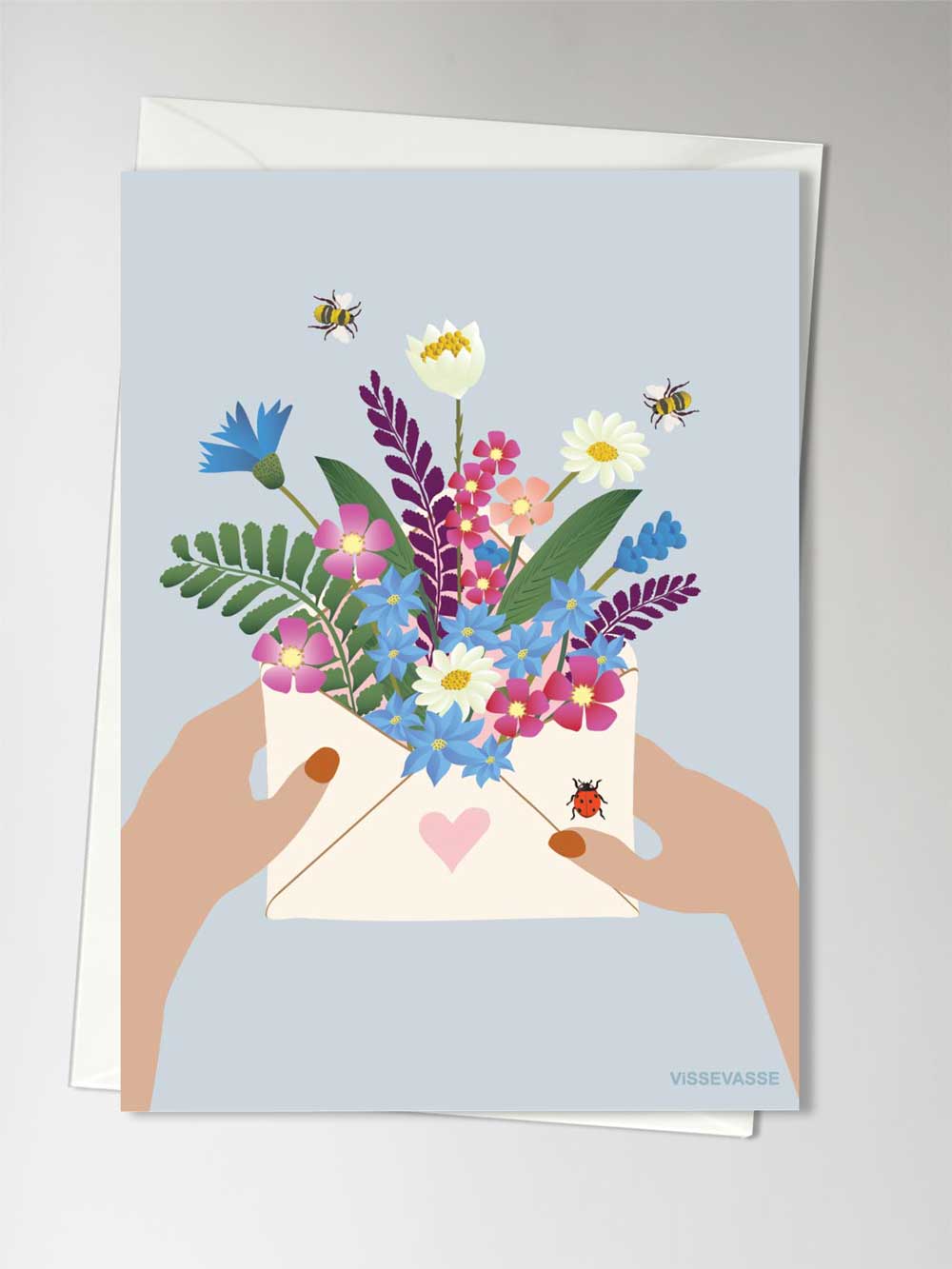 Vissevasse blomster i kuvert lykønskningskort, A6