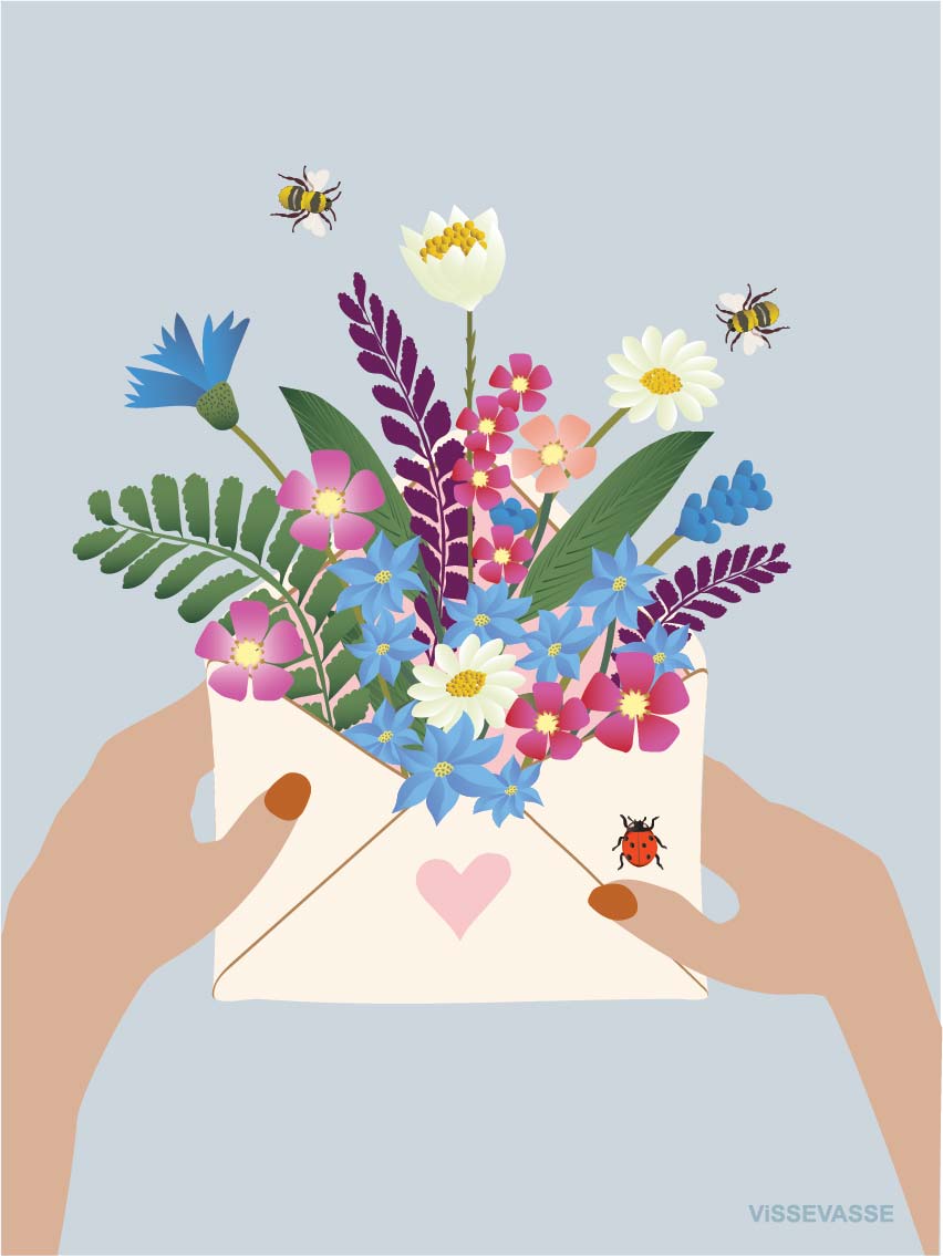 Vissevasse blomster i konvolut lykønskningskort A7
